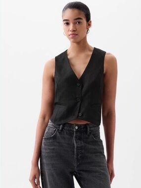 GAP Linen-Cotton Vest V Neck Sleeveless Button Down Black Minimal